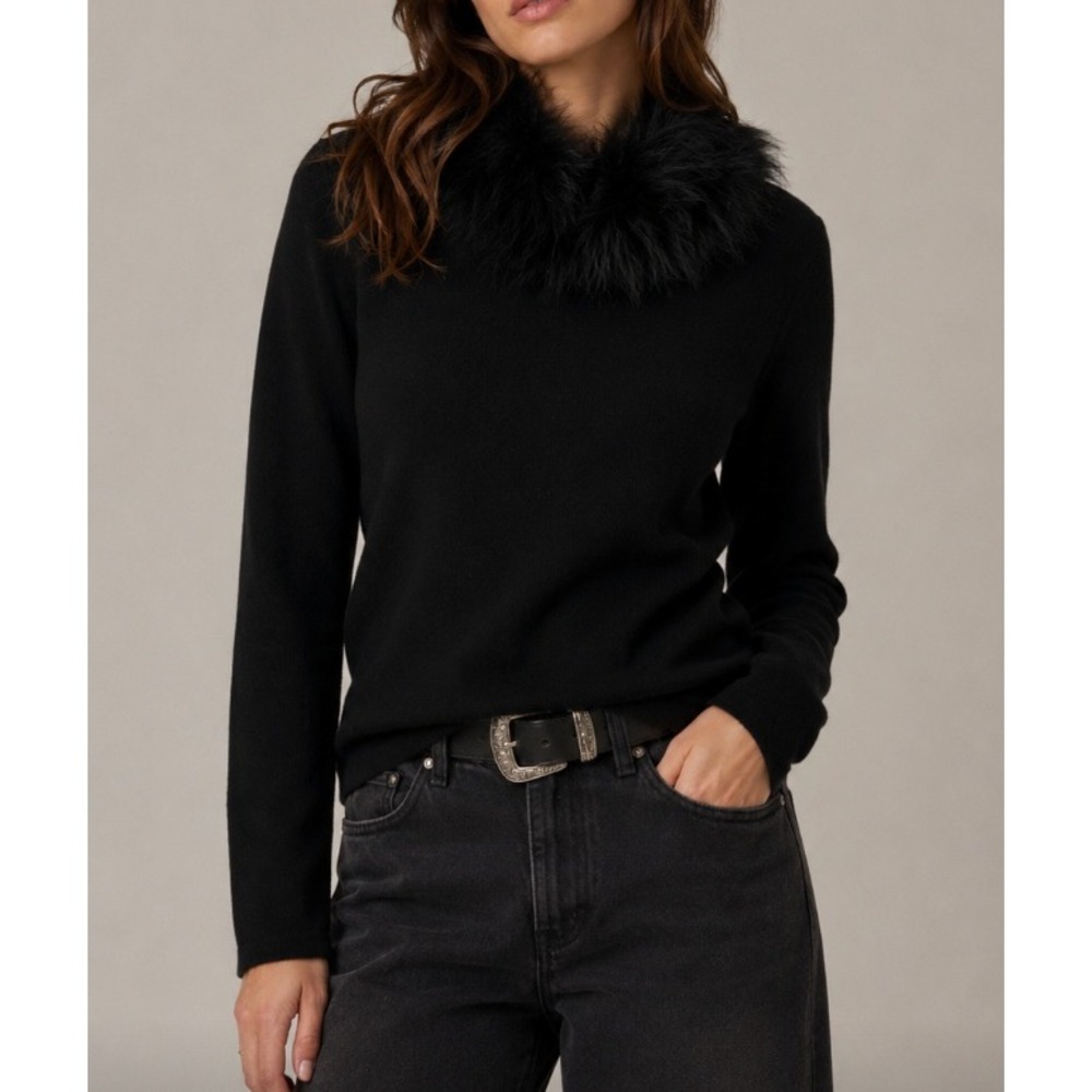 Forte Cashmere Womens Black 100% Cashmere Feather Trim Neck Sweater Size S